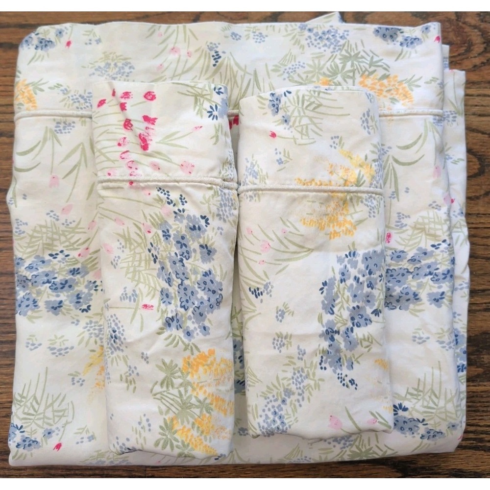 Vtg L.L. Bean King Flat Sheet & 2 Standard Pillow Cases Botanical Wildflower 3pc
